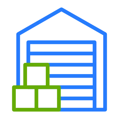 Ilustración de almacén azul que presenta una puerta enrollable parcialmente abierta y dos bloques abstractos verdes que representan productos o paquetes almacenados, perfecta para contenido compatible con SEO relacionado con las industrias de almacenamiento, logística y cadena de suministro.