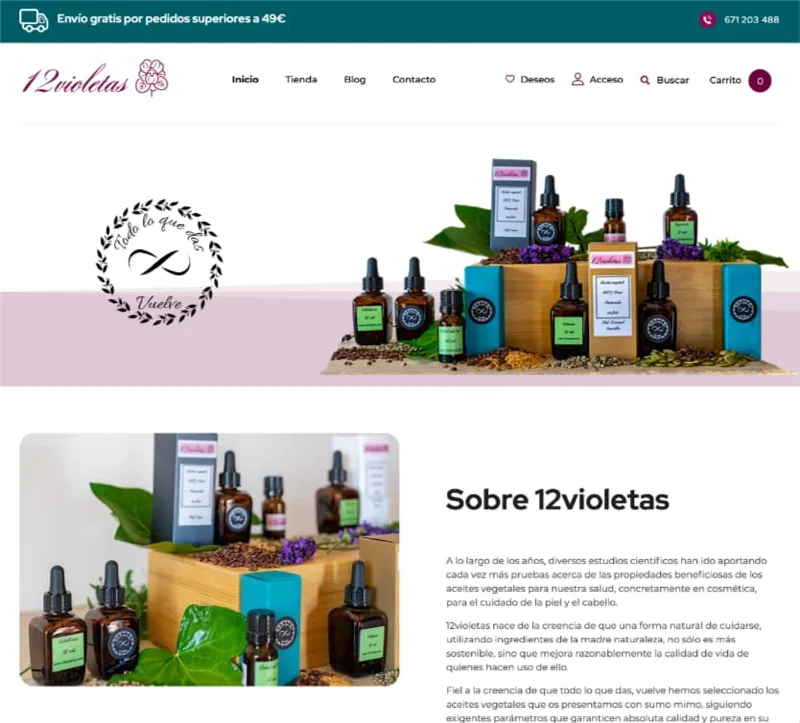Un gráfico web optimizado para SEO muestra una variedad de aceites esenciales orgánicos y artículos para el cuidado de la piel dispuestos en estanterías, destacando el amplio inventario de productos de bienestar de la marca. Esta imagen convincente refuerza la posición de la empresa como proveedor líder en soluciones de salud naturales.